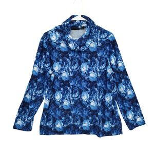 Susan Graver Womens Floral Roses Cowl Neck Pullover Top SZ M Blue Long Sleeve